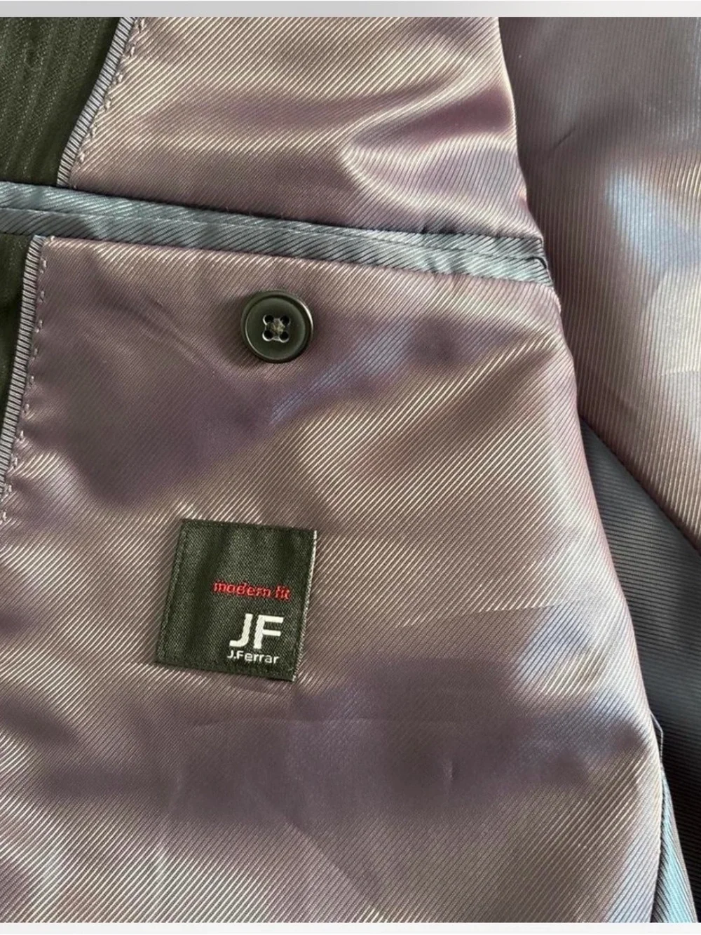 jf j.ferrar Men's Black Pinstripe Two-Button Suit Jacket with Purple Lining